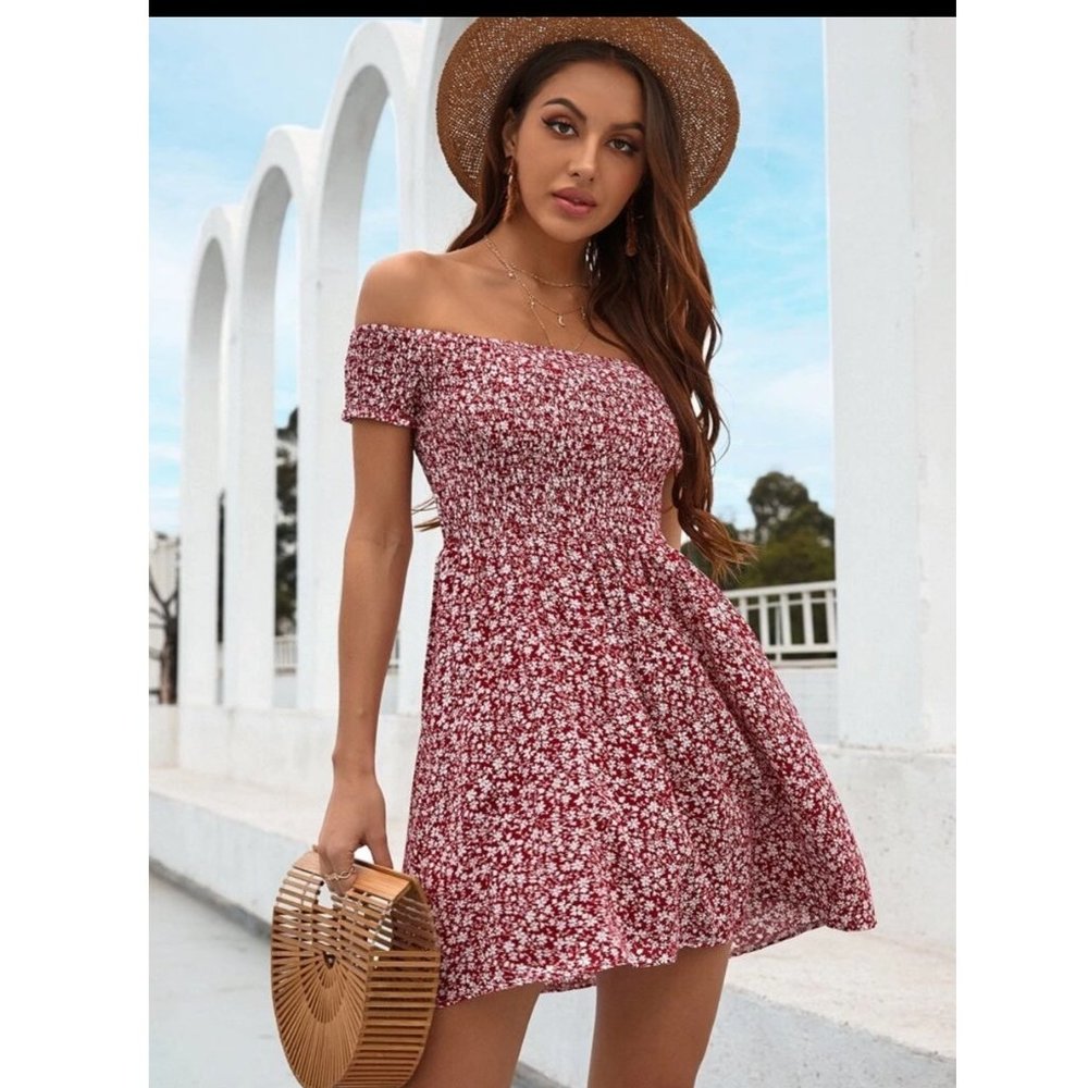 Shein VCAY red ditsy floral off shoulder shirred dress- size Small